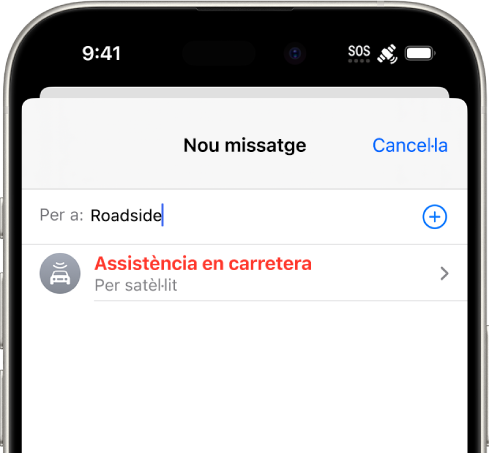 Un missatge nou dirigit a “assistència en carretera”. A sota hi ha un enllaç d’assistència en carretera per satèl·lit.