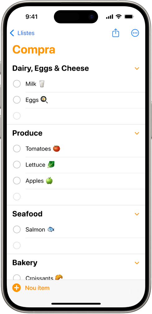 L’app Recordatoris mostrant una llista de la compra amb ítems de les categories “Fruites i verdures” i “Marisc”.