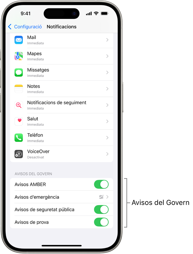 A la pantalla de notificacions es mostra la secció d’avisos del Govern, en què pots activar els avisos del Govern que vulguis rebre.