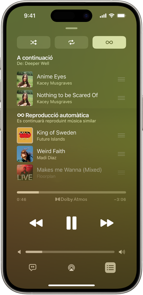 Pantalla “Ara sona” en què es mostra la cua “A continuació” i la reproducció automàtica activada. Les cançons similars apareixen a sota de les cançons de l’àlbum.