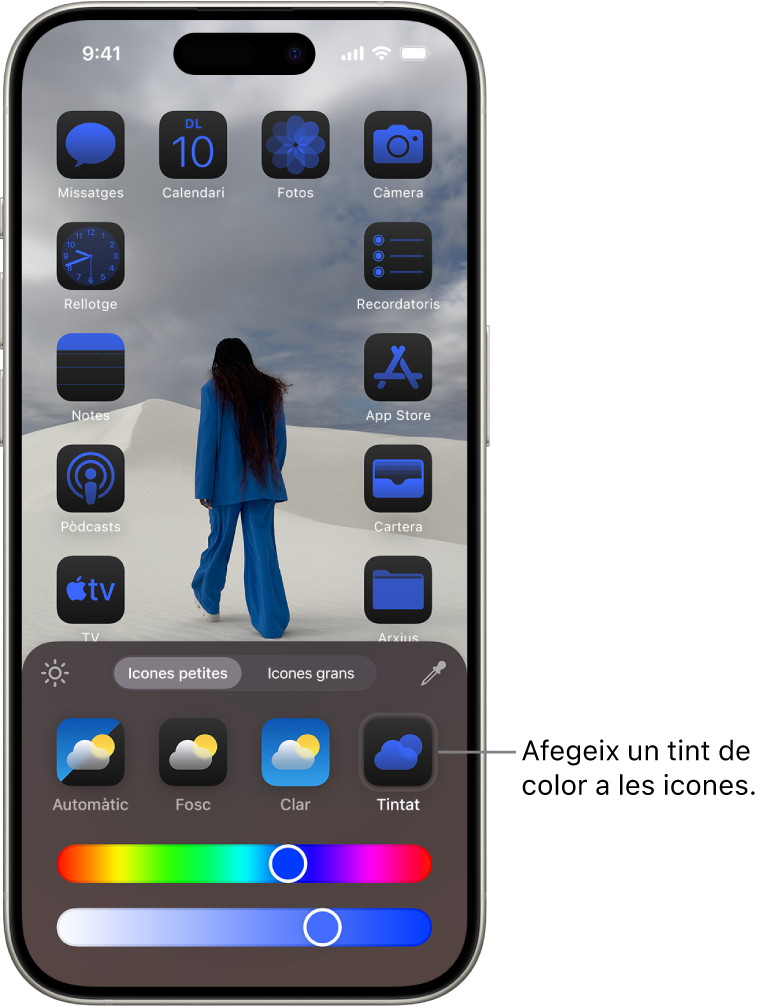 Una pantalla d’inici personalitzada amb les icones tenyides de blau, ordenades per emmarcar la foto i controls per personalitzar les icones a la part inferior de la pantalla. Hi ha els botons “Automàtic”, “Fosc”, “Clar” i “Tintat”, reguladors per configurar el color i la saturació, i els botons “Petita” i “Gran” per configurar la mida de les icones.