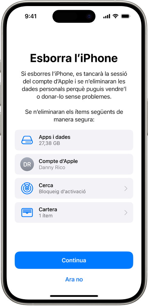 La pantalla per esborrar l’iPhone.