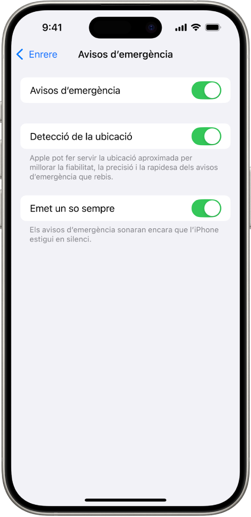 La pantalla dels avisos d’emergència, amb les opcions “Avisos d’emergència”, “Detecció de la ubicació” i “Emet un so sempre” activades.