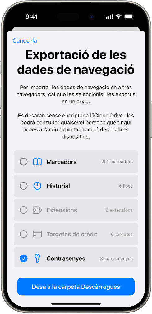 La pantalla d’exportació de les dades de navegació, amb l’opció “Contrasenyes” seleccionada per a l’exportació a un altre gestor de contrasenyes.