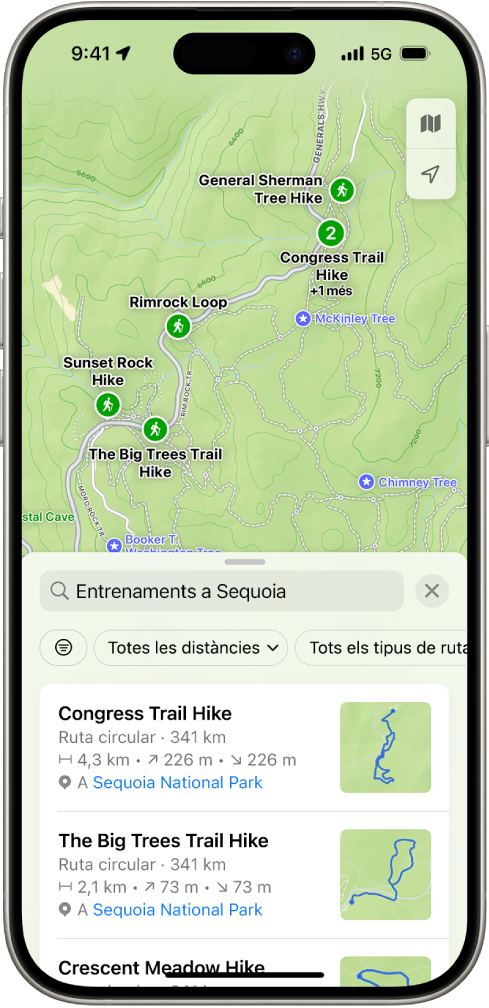 L’app Mapes mostra els resultats que coincideixen amb una cerca de rutes de senderisme d’un parc nacional.