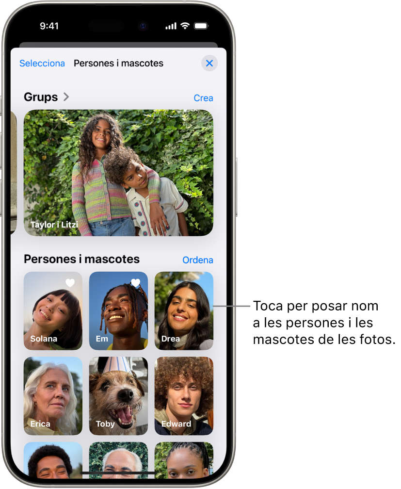 La col·lecció “Persones i mascotes”, a l’app Fotos. Els grups es mostren a la part superior i les persones i les mascotes s’enumeren a sota.