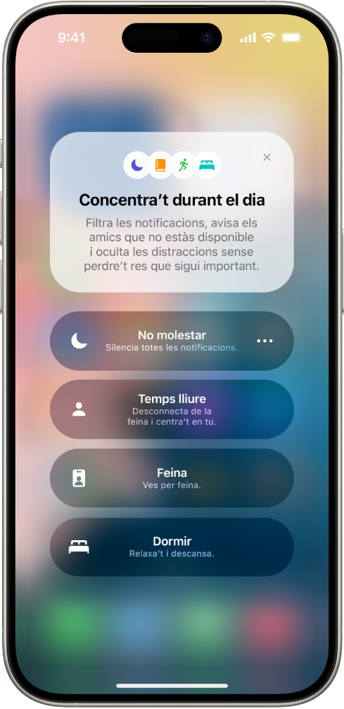 El centre de control mostra les opcions de Concentració, amb botons per configurar la durada de les opcions de Concentració.