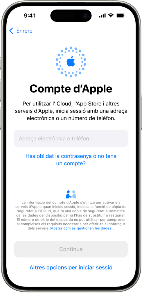 La pantalla d’inici de sessió del compte d’Apple.