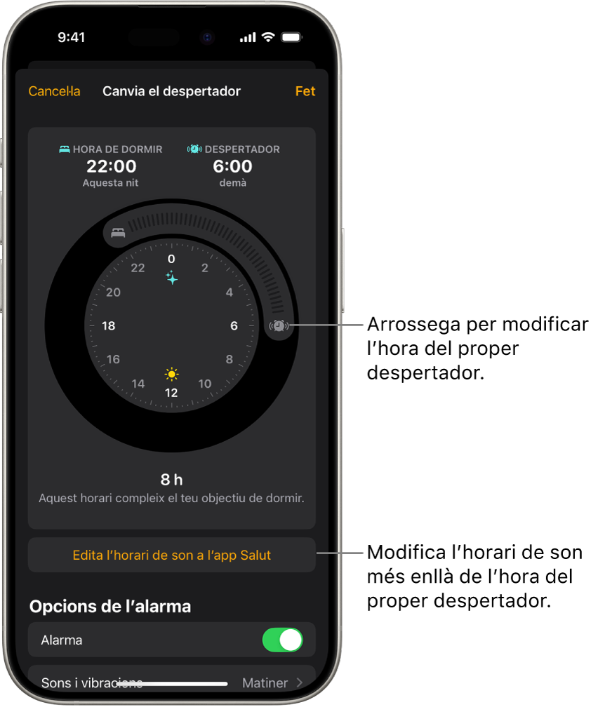 Una pantalla per canviar el pròxim despertador. La posició del botó de l’alarma que està sonant estableix l’hora de l’alarma.