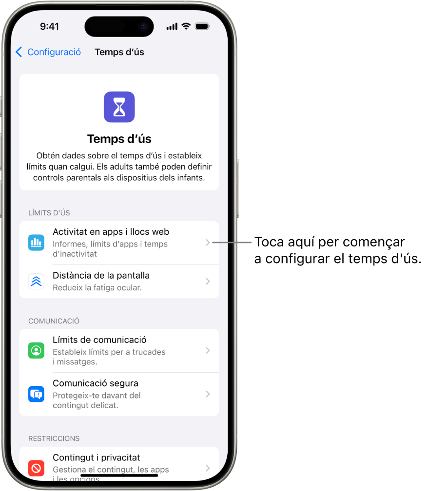 Pantalla de configuració del temps d’ús en què es mostra que cal tocar “Activitat a les apps i als llocs web” per començar.