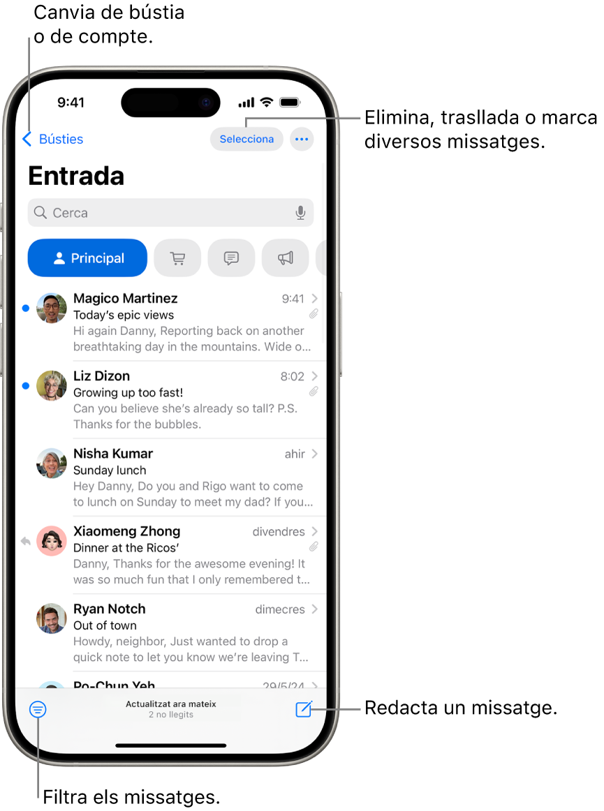 La bústia d’entrada de l’app Mail amb una llista de correus electrònics.