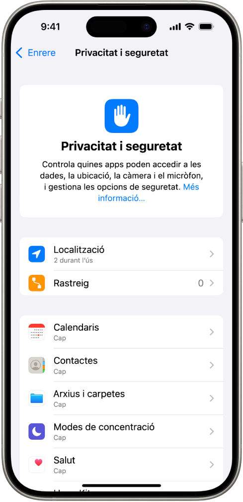 Es mostra la pantalla “Privacitat i seguretat”, amb la configuració de la secció “Localització” i “Rastreig” i opcions per controlar quines apps poden accedir a les teves dades.