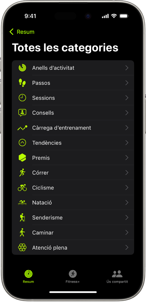 Pantalla “Fitnes”, que mostra una llista de categories d’activitat física.