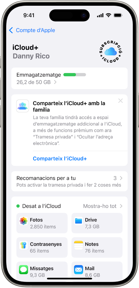 Pantalla de configuració de l’iCloud amb l’indicador d’emmagatzematge a l’iCloud i una llista d’apps i funcions, incloses l’app Fotos, l’app iCloud Drive i l’app Mail a l’iCloud, que es poden utilitzar amb l’iCloud.