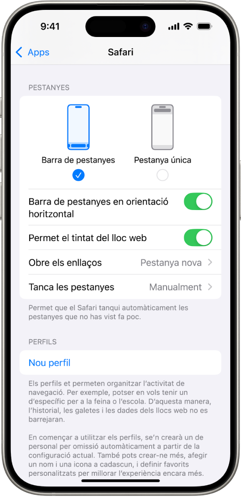 Una pantalla mostra dues opcions de disposició del Safari: “Barra de pestanyes” i “Pestanya única”.