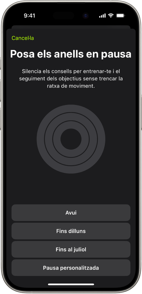 La pantalla “Posa els anells en pausa” a l’app Fitnes, que mostra opcions per posar els anells d’activitat en pausa.