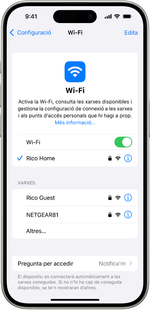 Pantalla d’opcions de la Wi-Fi a l’app Configuració. La Wi-Fi està activada i hi ha una xarxa seleccionada.