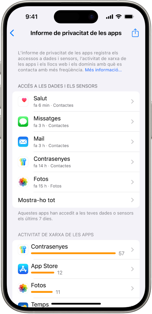 Un informe de privacitat de les apps, on es pot veure informació sobre apps a la categoria “Accés a les dades i els sensors” i informació sobre apps a la categoria “Activitat de xarxa de les apps”.