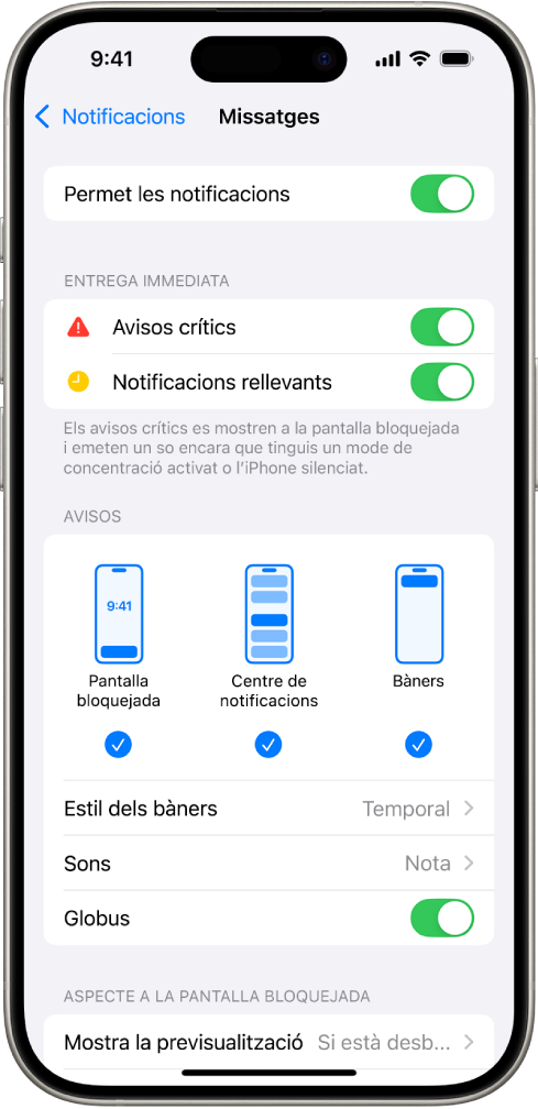 L’iPhone amb configuració de l’app Missatges per a les notificacions i les alertes.
