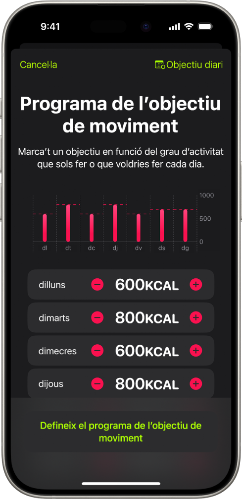 La pantalla “Programa de l’objectiu de moviment” de l’app Fitnes, que mostra els botons per augmentar o reduir l’objectiu de moviment segons el dia de la setmana.