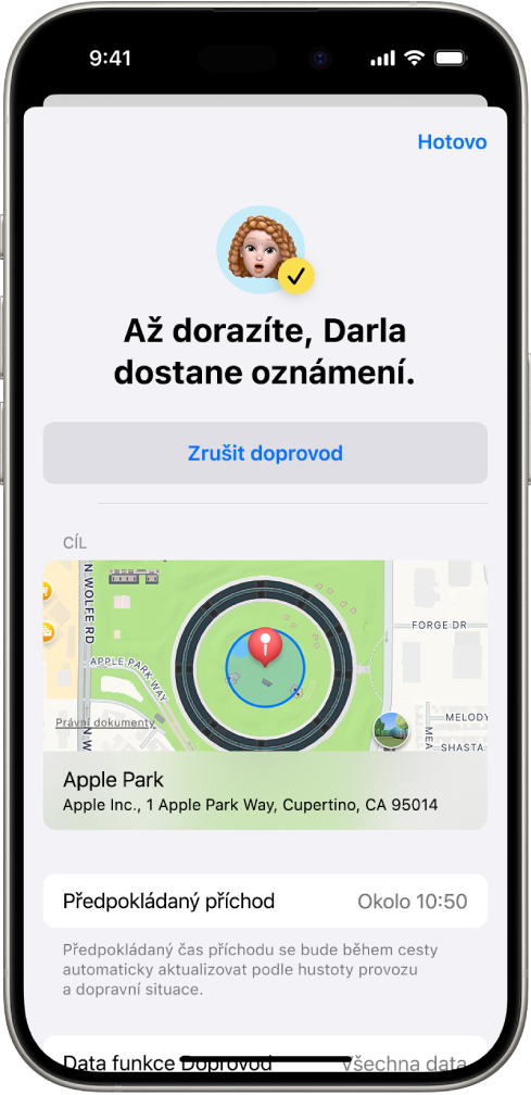 Na obrazovce funkce Doprovod se zobrazuje oznámení, že určený přítel bude informován za 14 minut, a pod tímto oznámením jsou vidět volby pro prodloužení času a zrušení požadavku. Dole se nachází mapa ukazující aktuální polohu.