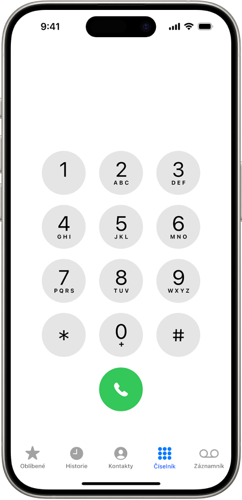 Číselník v aplikaci Telefon s číslicemi 1 až 9. Pod číselníkem je zelené tlačítko Volání. Podél dolního okraje se zobrazují tlačítka Oblíbené, Historie, Kontakty, Číselník a Záznamník.