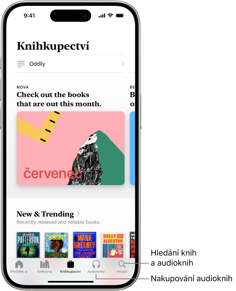 Obrazovka Knihkupectví v aplikaci Knihy. U dolního okraje obrazovky se zleva doprava nacházejí panely Přečtěte si, Knihovna, Knihkupectví, Audioknihy a Hledat. Panel Knihkupectví je vybraný.