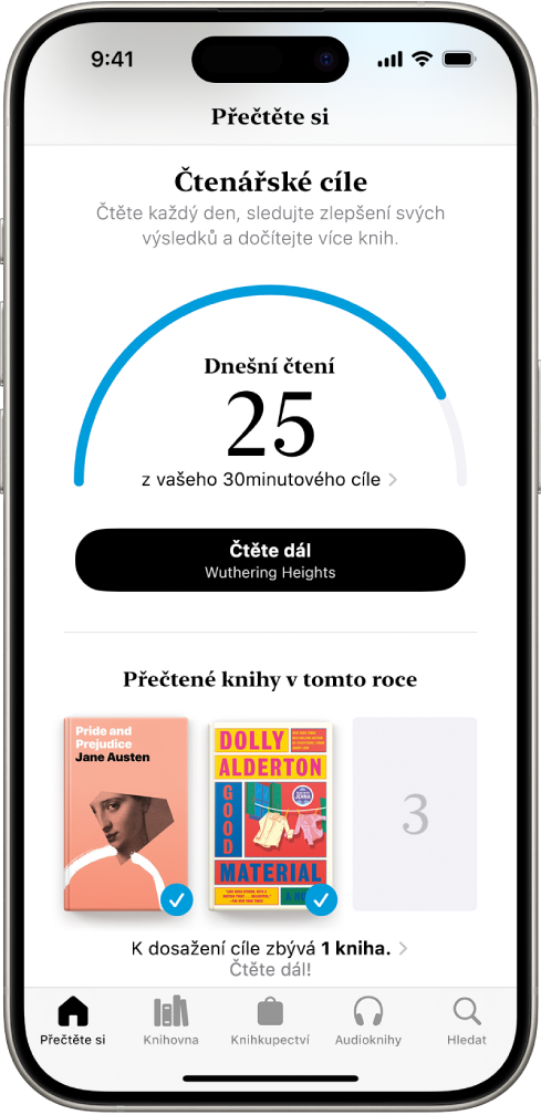 Na obrazovce Čtenářské cíle je vypsaná statistika uživatele – dnešní četba, týdenní čtenářský rekord a knihy, které uživatel letos přečetl. U dolního okraje jsou vidět panely Přečtěte si (tento panel je vybraný), Knihovna, Knihkupectví, Audioknihy a Hledat.