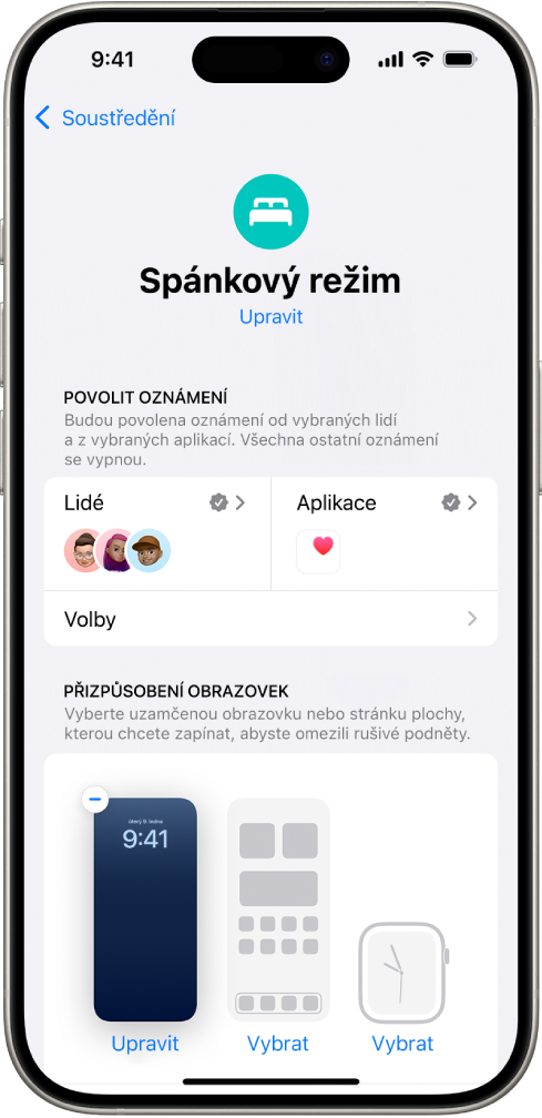Obrazovka režimu soustředění se třemi lidmi a jednou aplikací, kterým uživatel povolil posílat oznámení