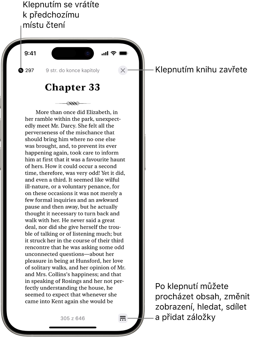 Stránka knihy v aplikaci Knihy. U horního okraje displeje se nacházejí tlačítka pro návrat na stránku, kde jste začali číst, a pro zavření knihy. Vpravo dole je vidět tlačítko nabídky.