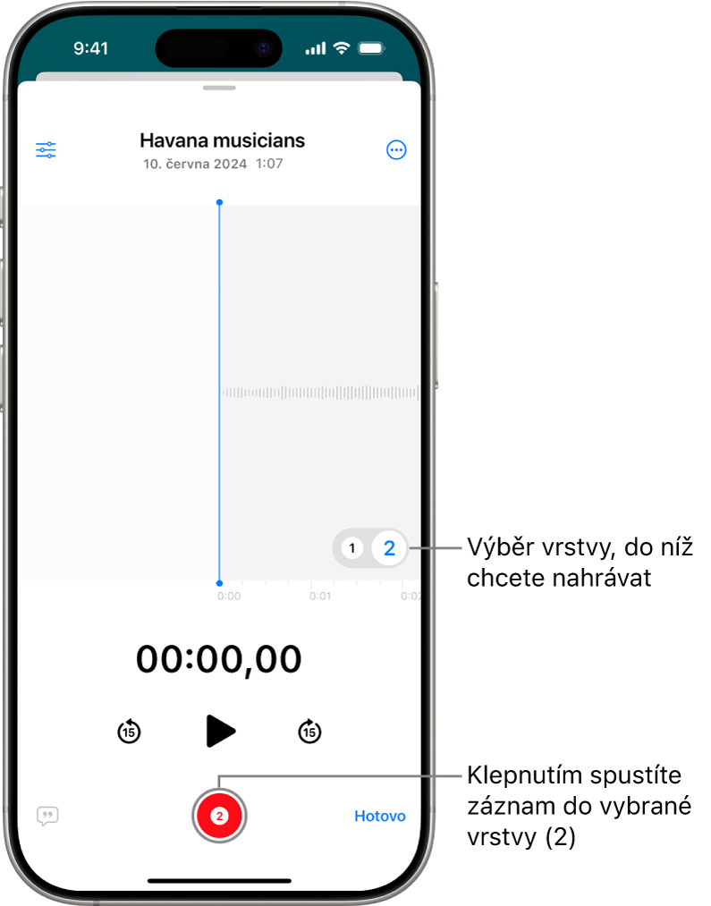 Obrazovka nahrávání druhé vrstvy v aplikaci Diktofon