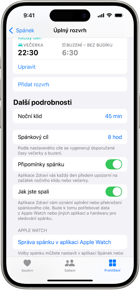 Oddíl Další podrobnosti na obrazovce Úplný rozvrh