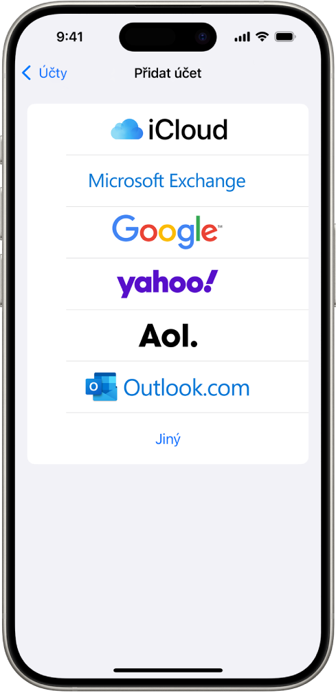 Obrazovka Přidat účet s volbami iCloud, Microsoft Exchange, Google, Yahoo, AOL a Jiný.