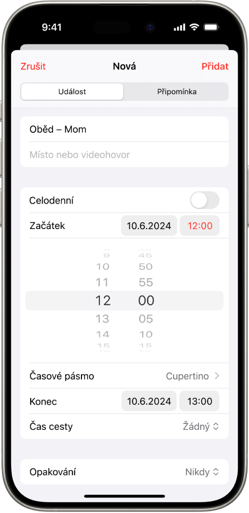 Událost v kalendáři s nastavením času a časového pásma události