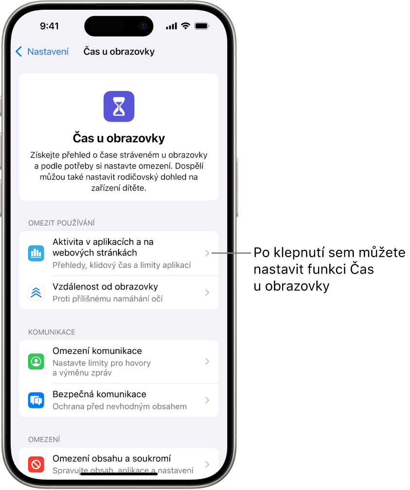 Obrazovka nastavení Času u obrazovky s informací o tom, že můžete začít klepnutím na tlačítko „Aktivita v aplikacích a na webových stránkách“