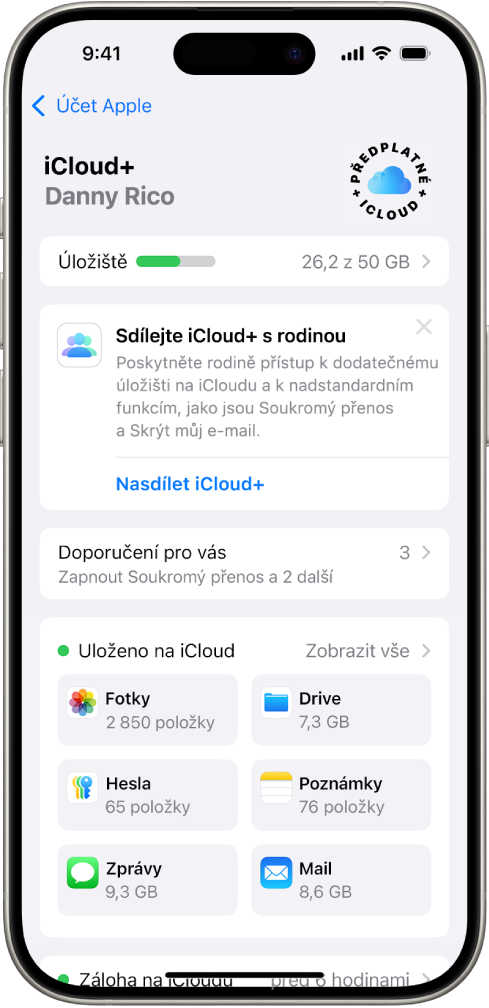 Obrazovka nastavení iCloudu s indikátorem stavu úložiště na iCloudu a seznamem aplikací a funkcí, které lze s iCloudem používat, např. Fotky, iCloud Drive a Mail na iCloudu