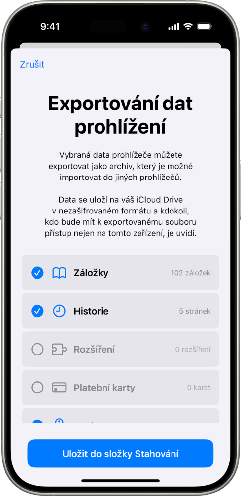 Obrazovka Exportování dat prohlížení s daty, která můžete ze Safari exportovat do jiného prohlížeče