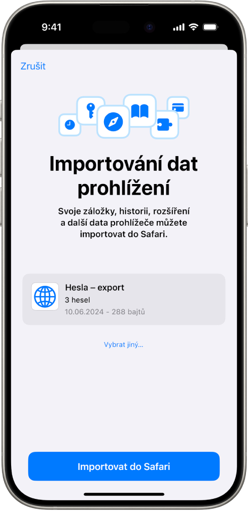 Obrazovka „Importování dat prohlížení“ s CSV souborem s hesly z jiného správce hesel, připraveným k importu