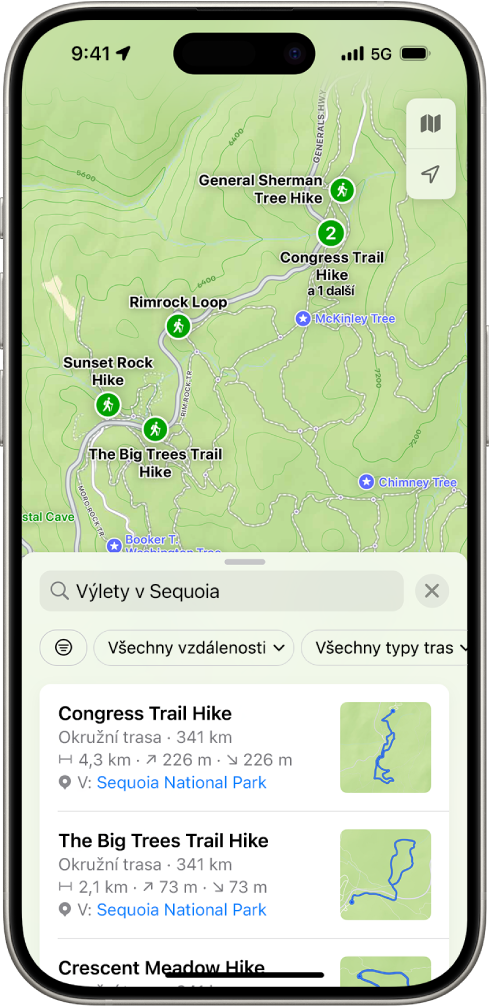 Aplikace Mapy s výsledky splňujícími kritéria hledání map pro túry v národním parku.