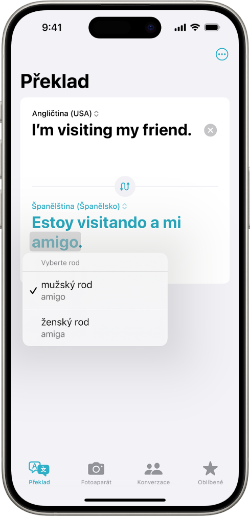 Panel Překlad s frází přeloženou z angličtiny do španělštiny; pod ní je šedou barvou zvýrazněné slovo s různými tvary pro různé rody.