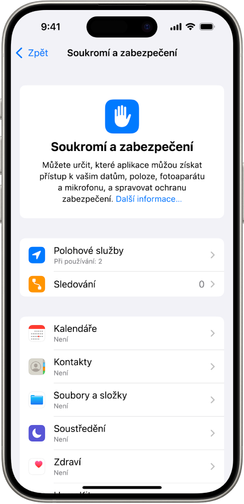 Obrazovka Soukromí a zabezpečení v Nastavení.