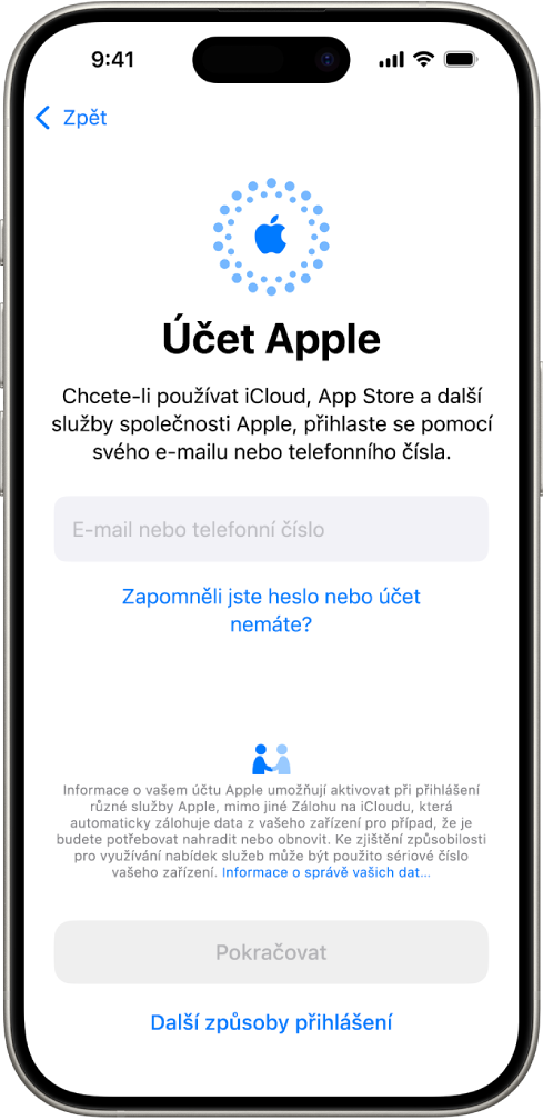 Přihlašovací obrazovka účtu Apple.