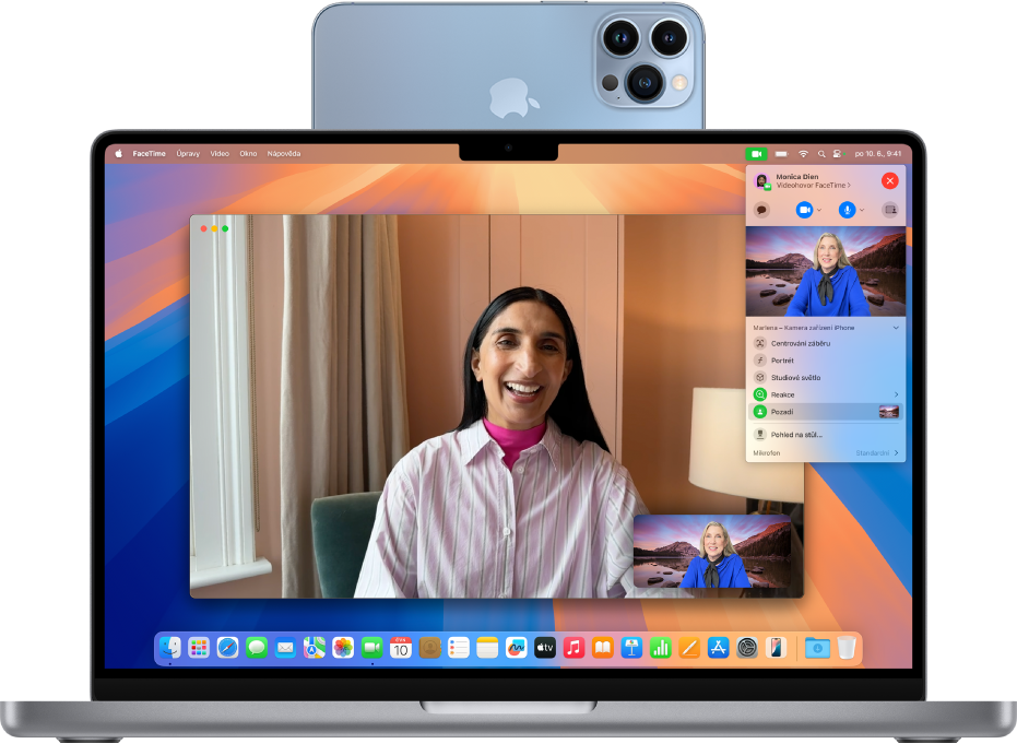 MacBook Pro využívající iPhone jako webovou kameru v zobrazené konverzaci ve FaceTimu