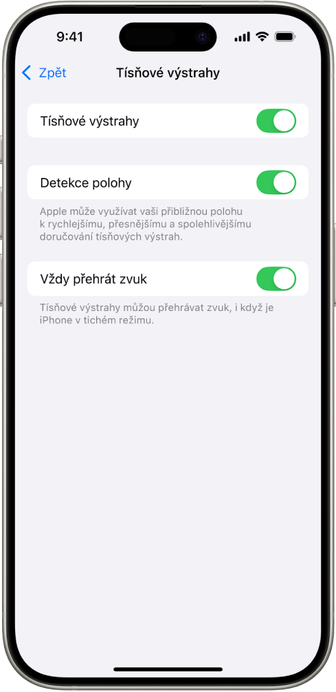 Obrazovka Tísňové výstrahy se zapnutými volbami Tísňové výstrahy, Detekce polohy a Vždy přehrát zvuk