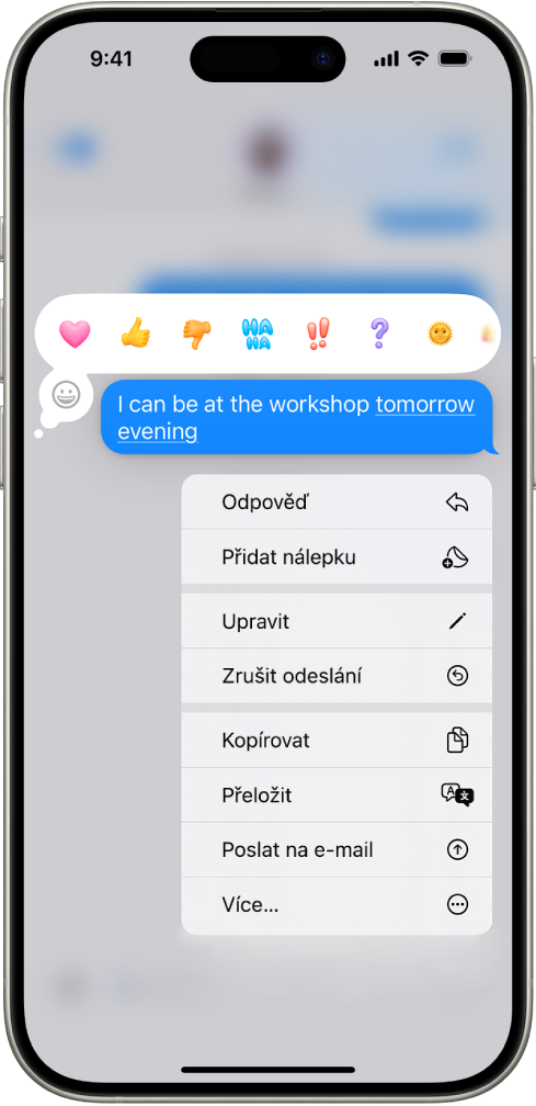 Textová zpráva ve Zprávách s viditelnými možnostmi Zrušit odeslání a Upravit. Celá konverzace kromě vybraného textu je rozostřená.