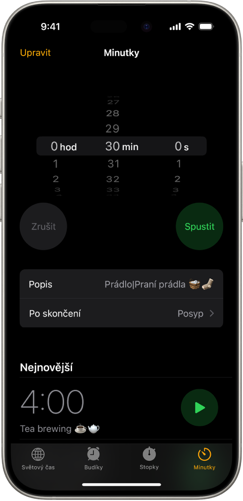 Obrazovka přidání minutky s volbami pro nastavení minutky a tlačítkem pro spuštění nedávno vytvořené minutky