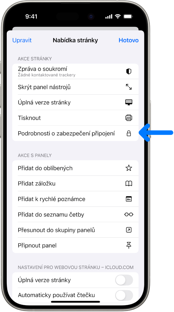 V Safari je otevřená nabídka Nastavení stránky a v polovině stránky se zobrazuje tlačítko Podrobnosti o zabezpečení připojení
