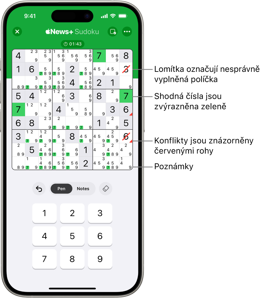 Sudoku s několika zapnutými funkcemi: poznámkami, zvýrazňováním shodných čísel, zobrazováním konfliktů a automatickou kontrolou