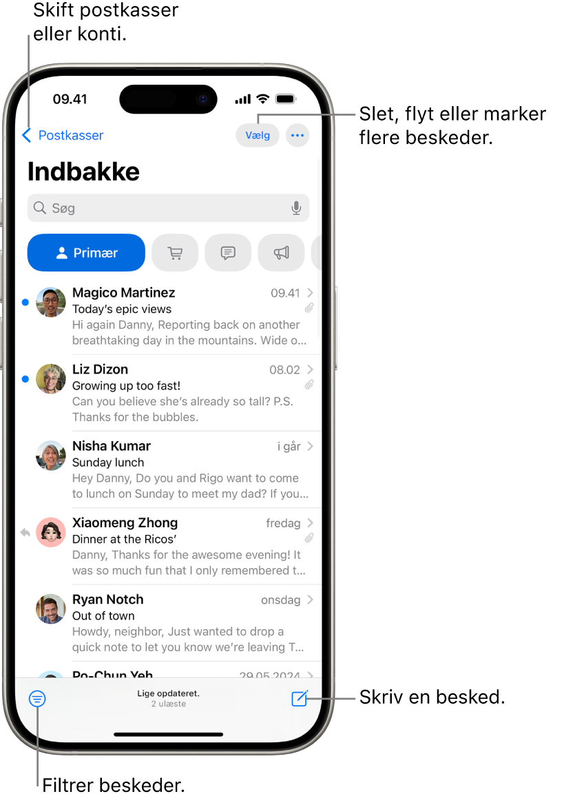 Indbakken i Mail, der viser en liste med e-mails.