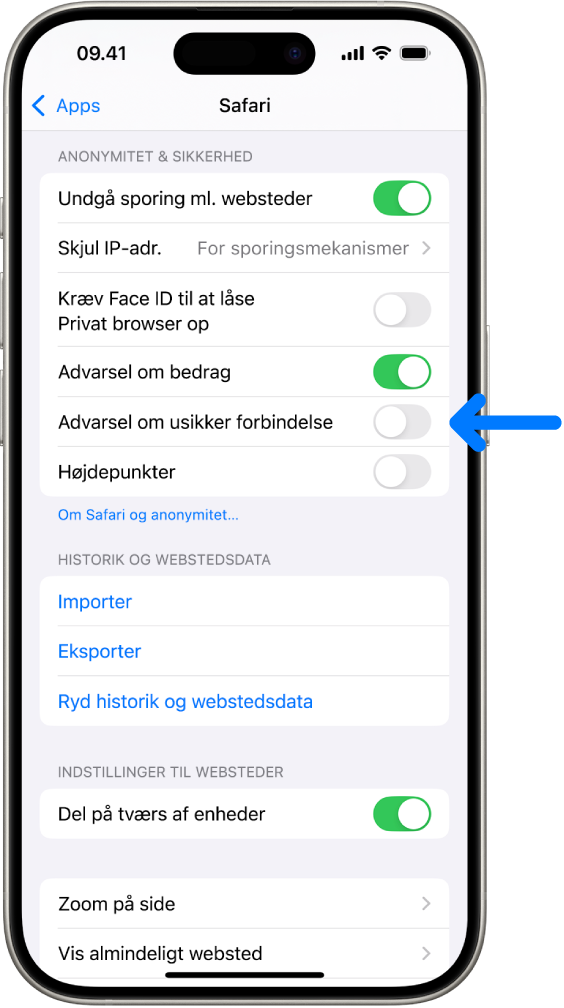 Indstillingen Advarsel om usikker forbindelse under Anonymitet & sikkerhed på Safari-skærmen i Indstillinger.